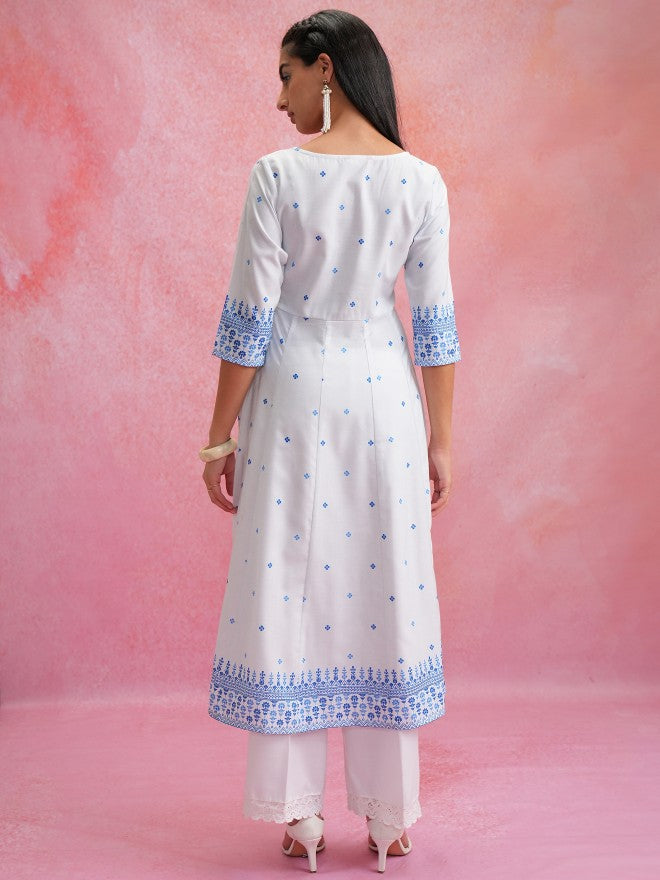 Women White Printed Anarkali Kurta