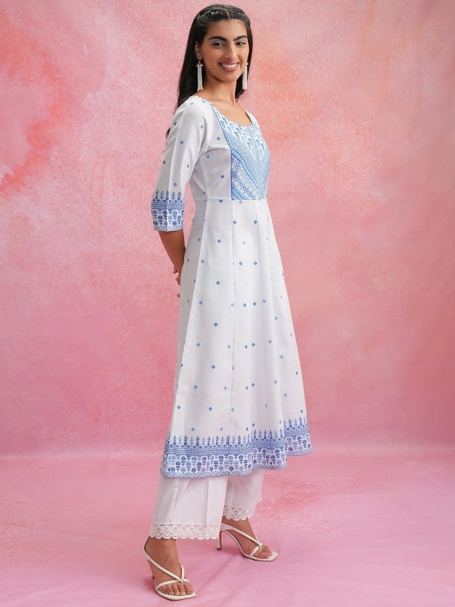 Women White Printed Anarkali Kurta