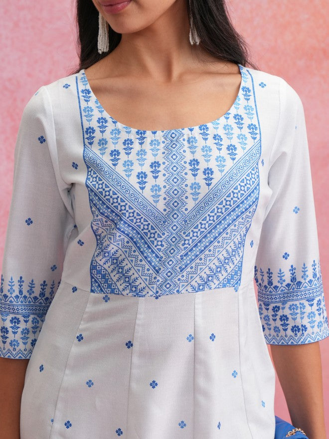 Women White Printed Anarkali Kurta