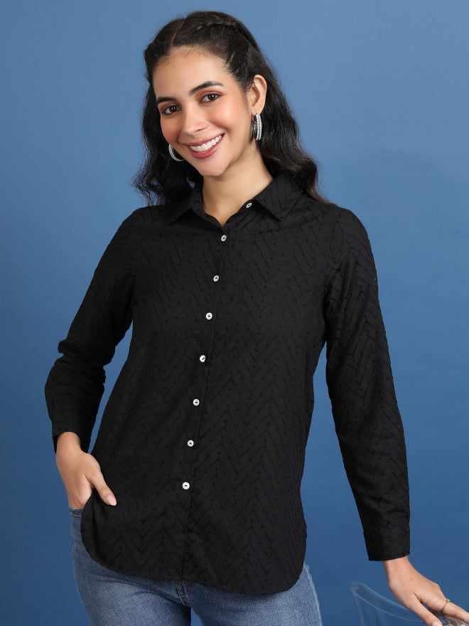 Women Black Self Design Casual Shirt