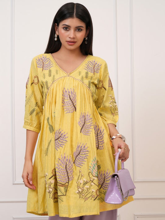 Women Yellow Embroidered Tunic