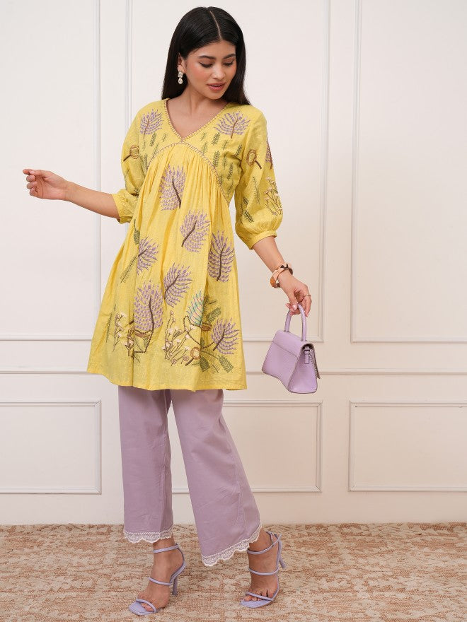 Women Yellow Embroidered Tunic