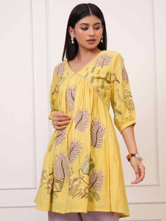 Women Yellow Embroidered Tunic