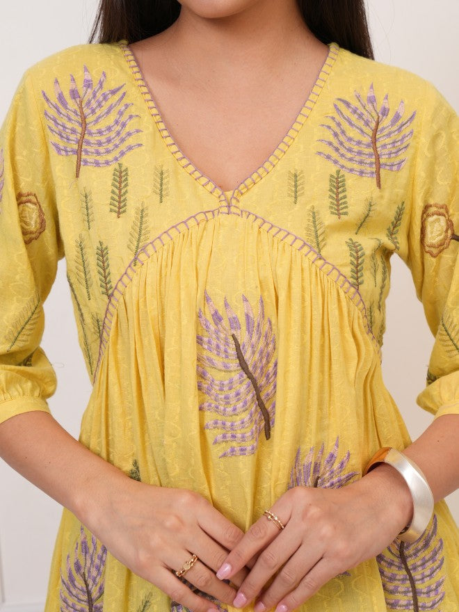 Women Yellow Embroidered Tunic