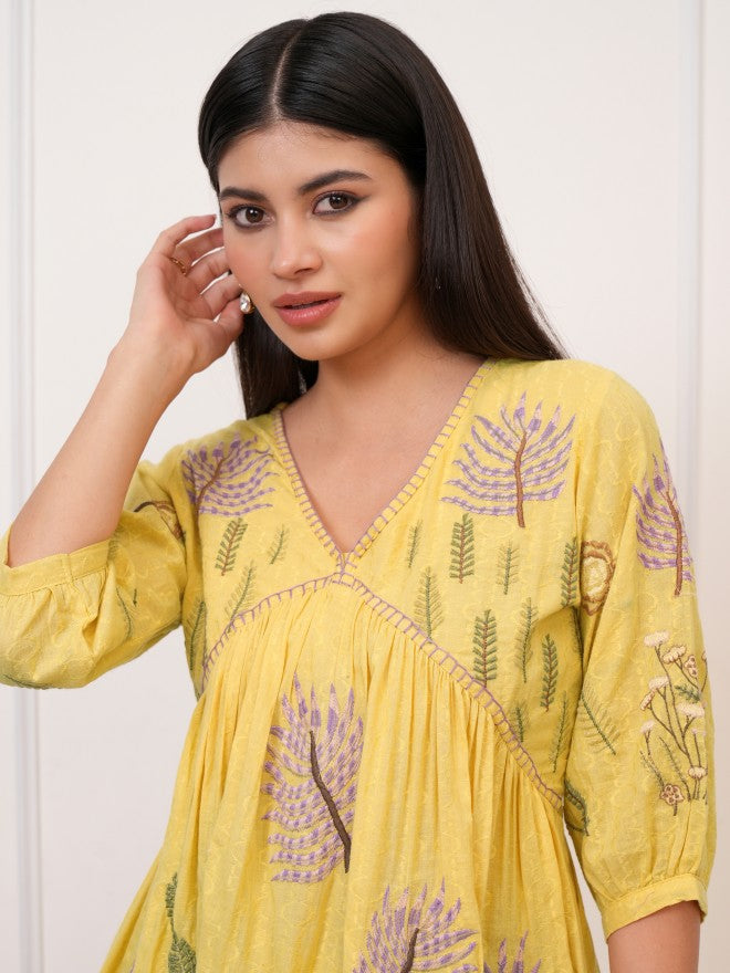 Women Yellow Embroidered Tunic