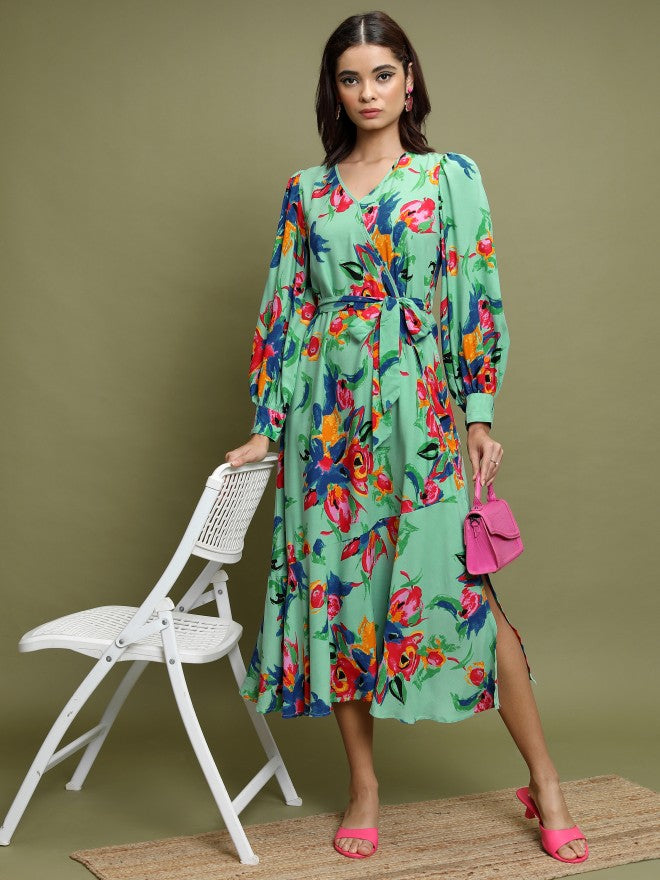 Women Sage Printed A-Line Dress