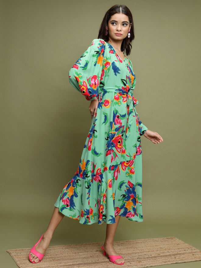 Women Sage Printed A-Line Dress