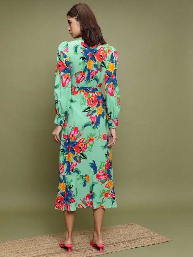 Women Sage Printed A-Line Dress