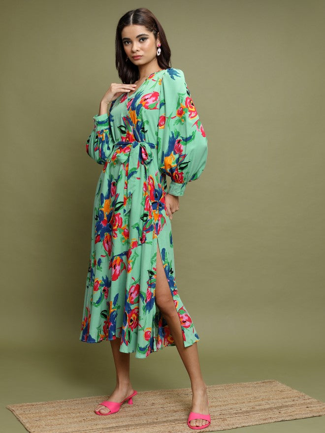 Women Sage Printed A-Line Dress