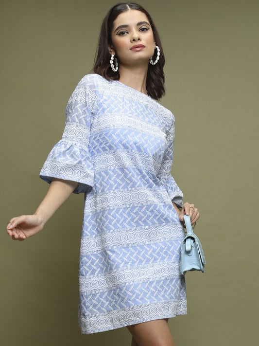 Women Blue Embroidered A-Line Dress