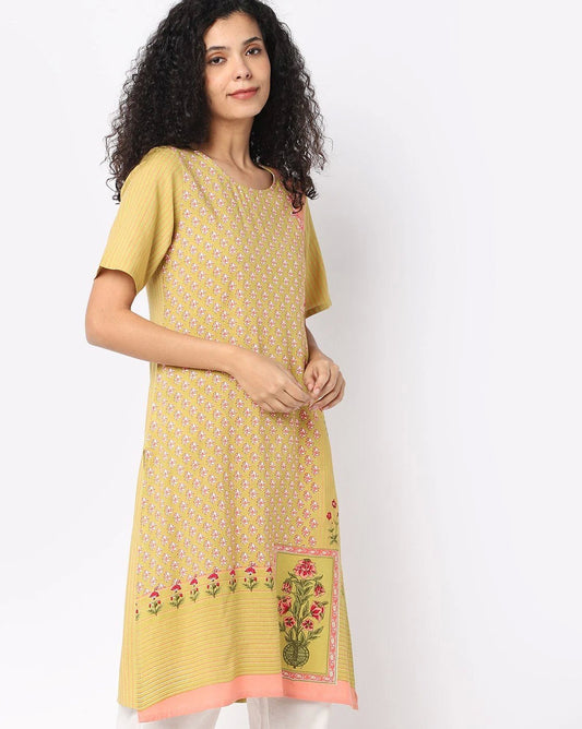 Yellow Floral Print Straight Kurta