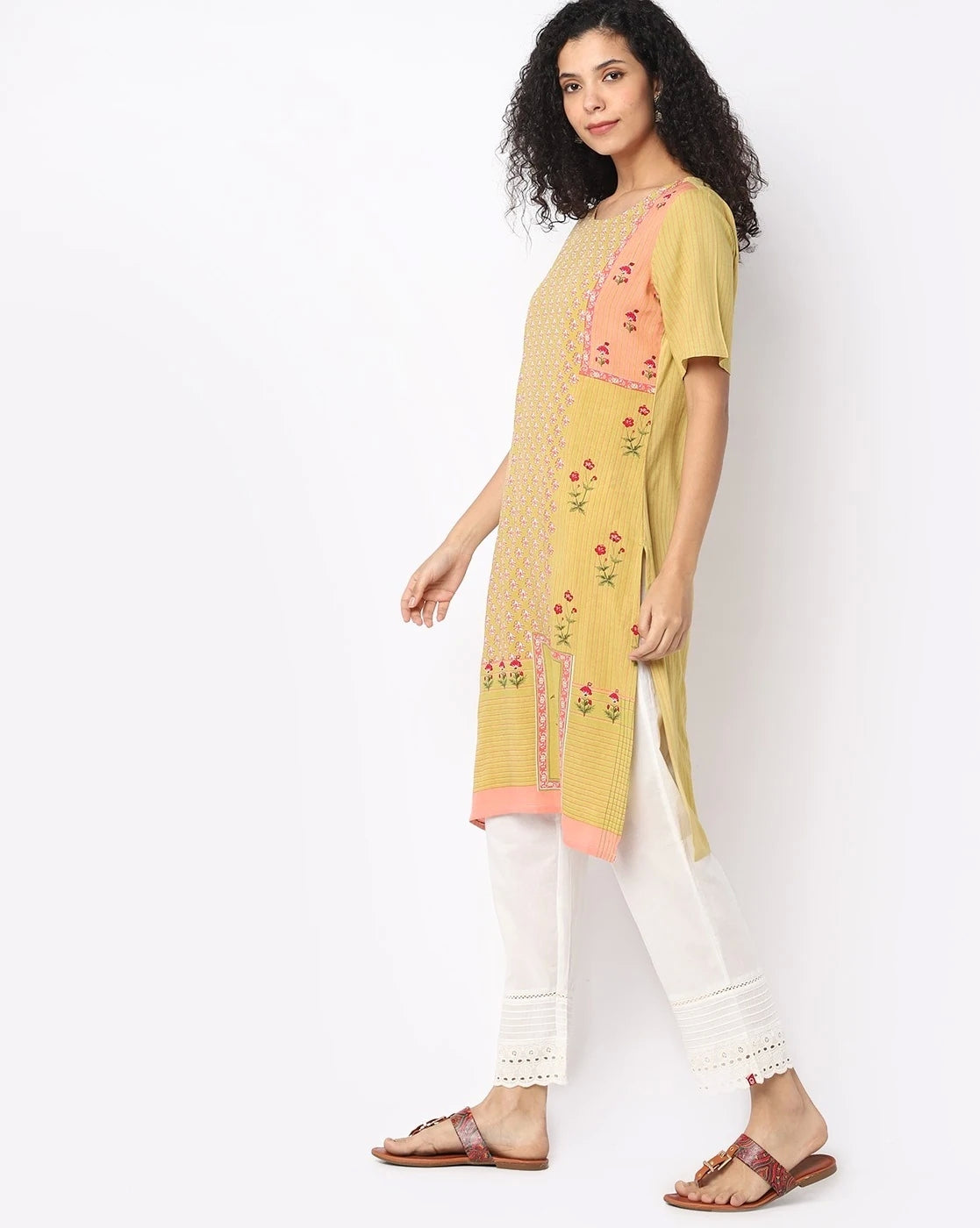 Yellow Floral Print Straight Kurta