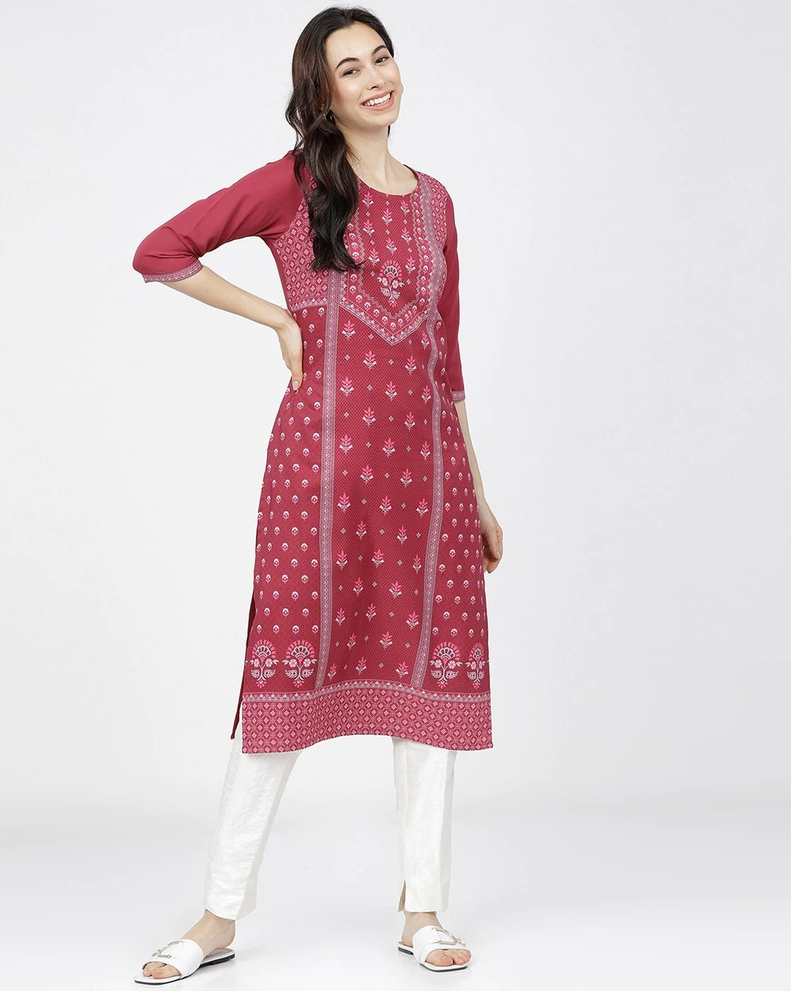 Magenta Floral Print Straight Kurta – Anokhi.mu