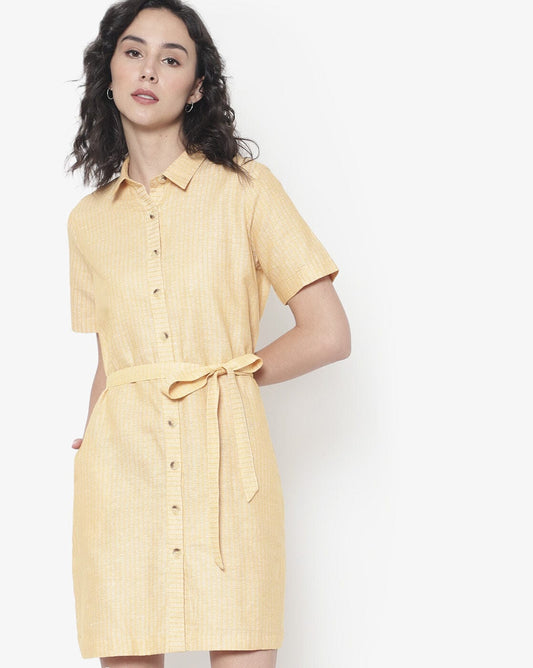 Mustard Yellow Textured Shirt Dress with Waist Tie Up