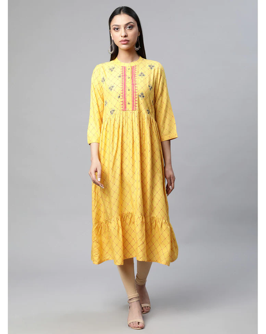 Yellow Rayon Printed Flared Kurta