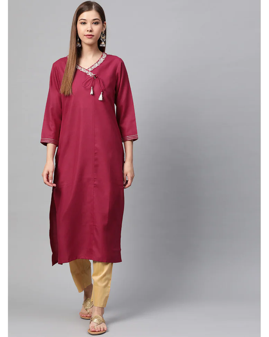 Magenta Cotton Embroidered Straight Kurta