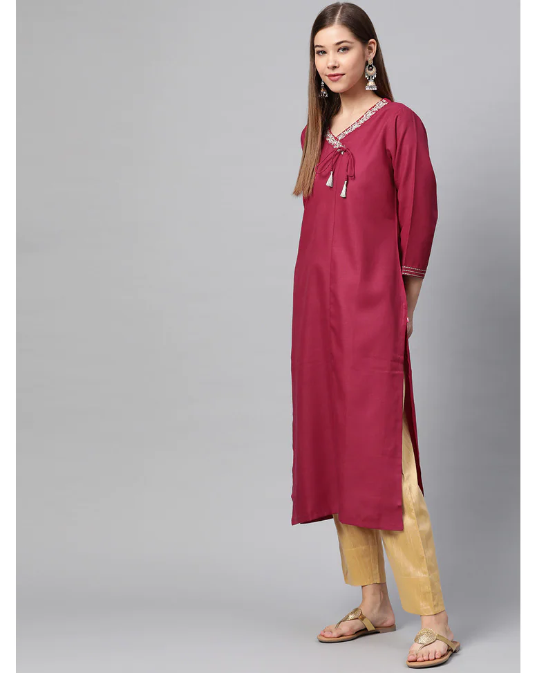 Magenta Cotton Embroidered Straight Kurta