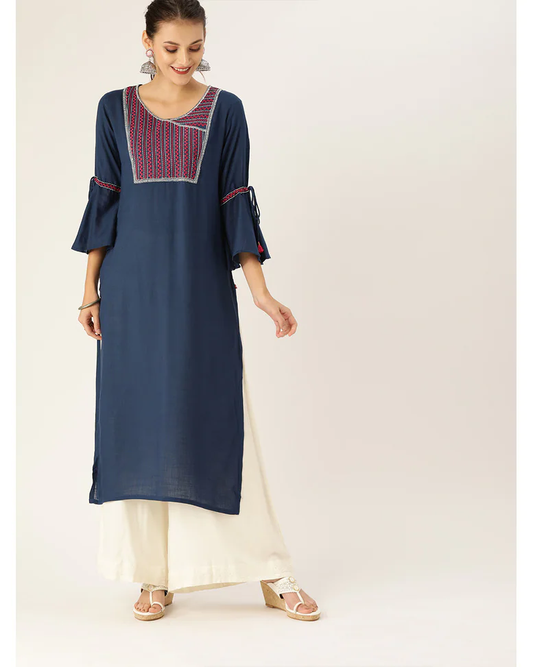 Blue Viscose Embroidered Straight Kurta