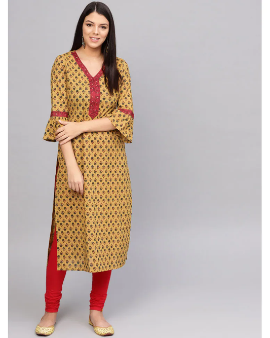 Mustard Cotton Printed Straight Kurta