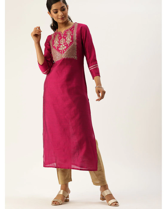 Magenta Art Silk Embroidered Straight Kurta