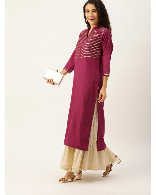 Magenta Cotton Embellished Straight Kurta