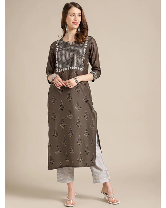 Olive Silk Embellished Straight Kurta