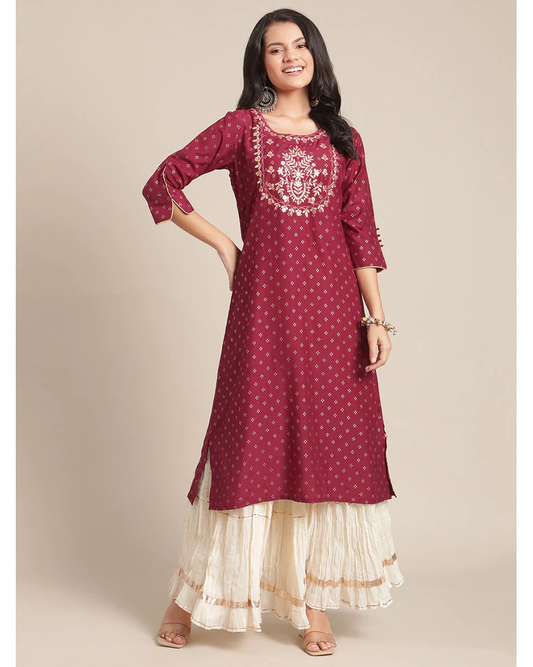 Maroon Silk Embroidered Straight Kurta