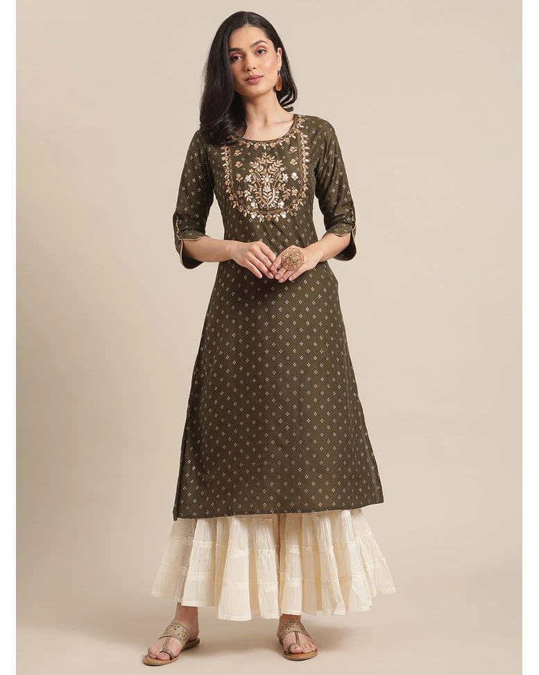 Olive Silk Embroidered Straight Kurta