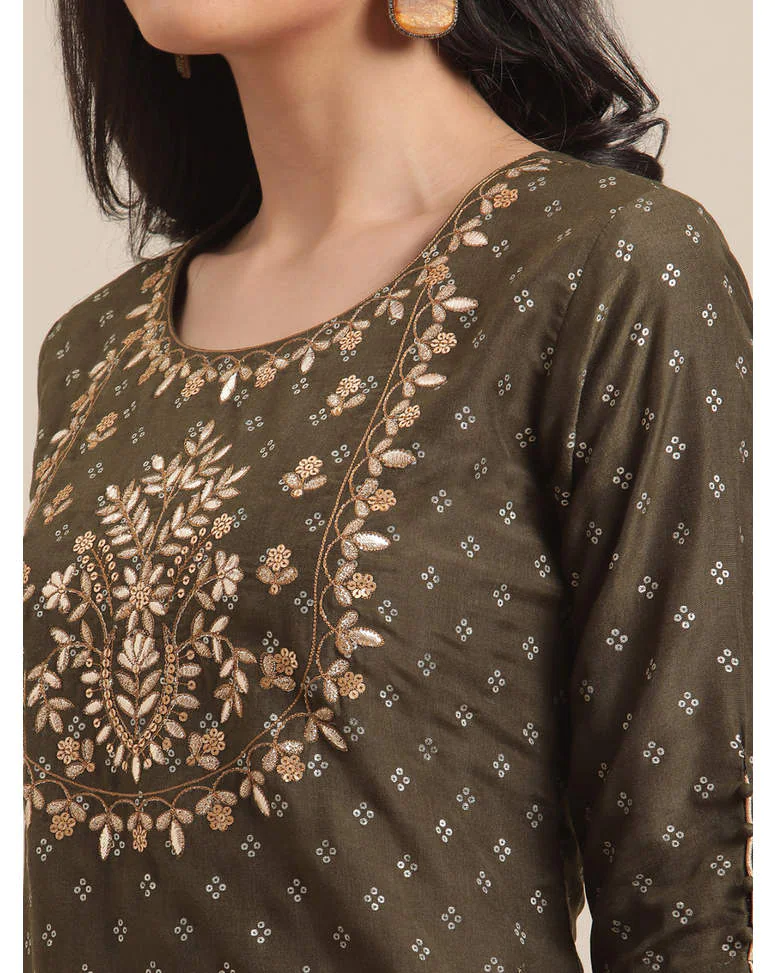 Olive Silk Embroidered Straight Kurta