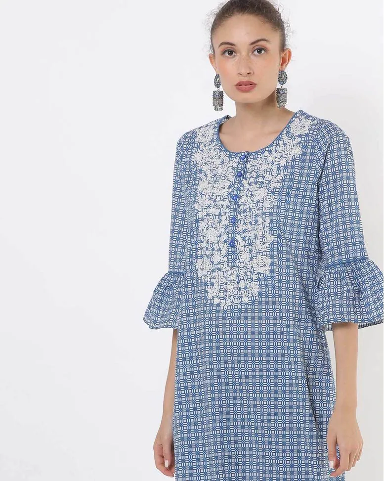 Blue Cotton Printed Straight Kurta