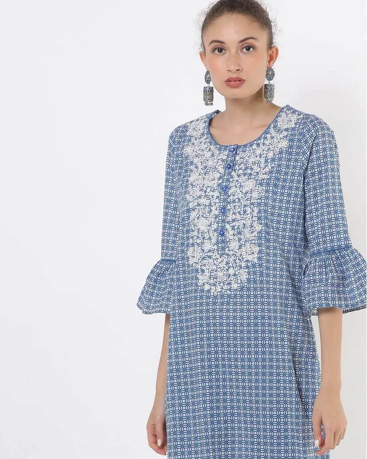 Blue Cotton Printed Straight Kurta