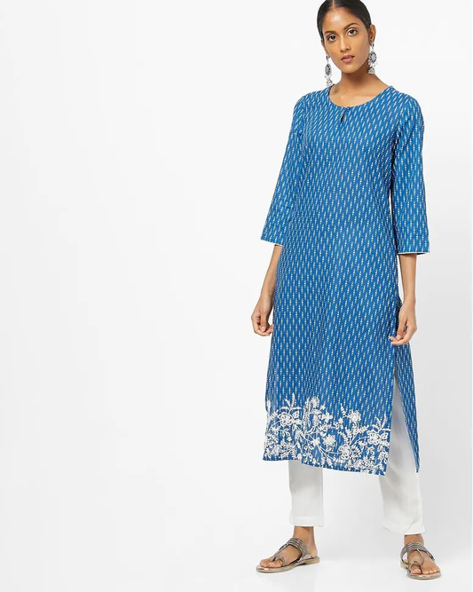 Blue Blended Printed Straight Kurta