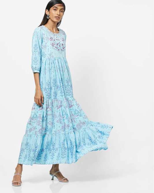 Sky Blue Cotton Printed Gown Dress