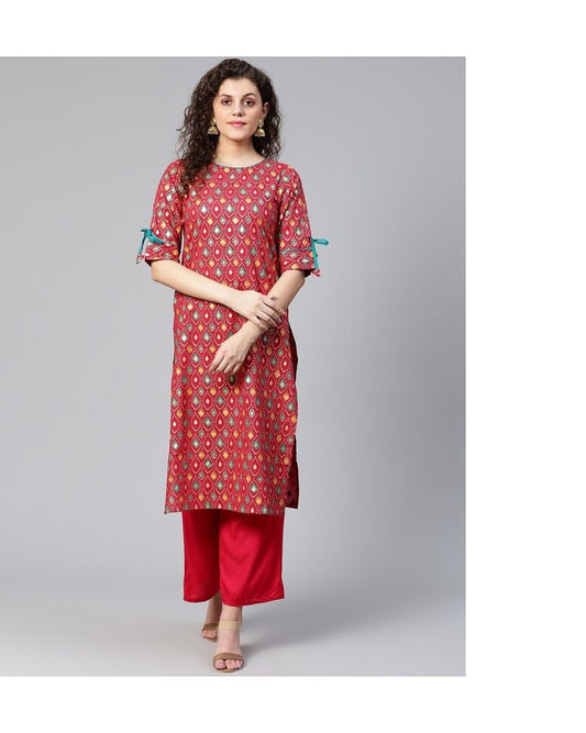 Red Cotton Printed Straight Kurta