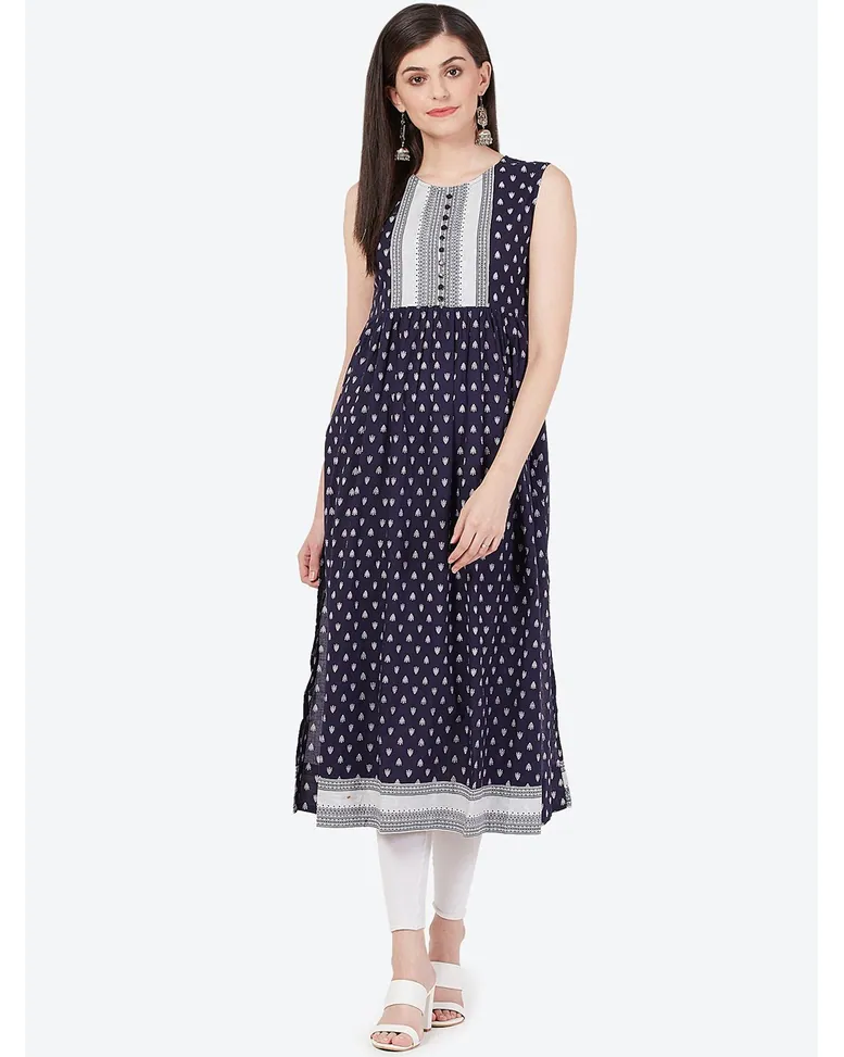 Navy Cotton Printed A-line Kurta