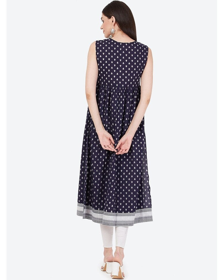 Navy Cotton Printed A-line Kurta