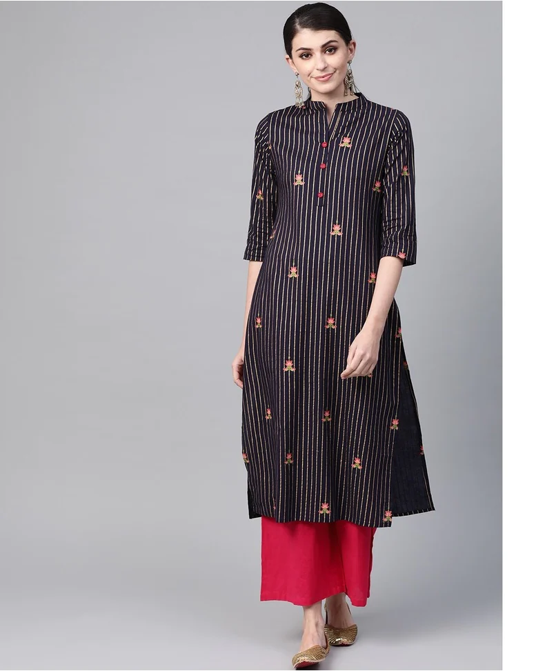 Navy Cotton Stripes Straight Kurta – Anokhi.mu