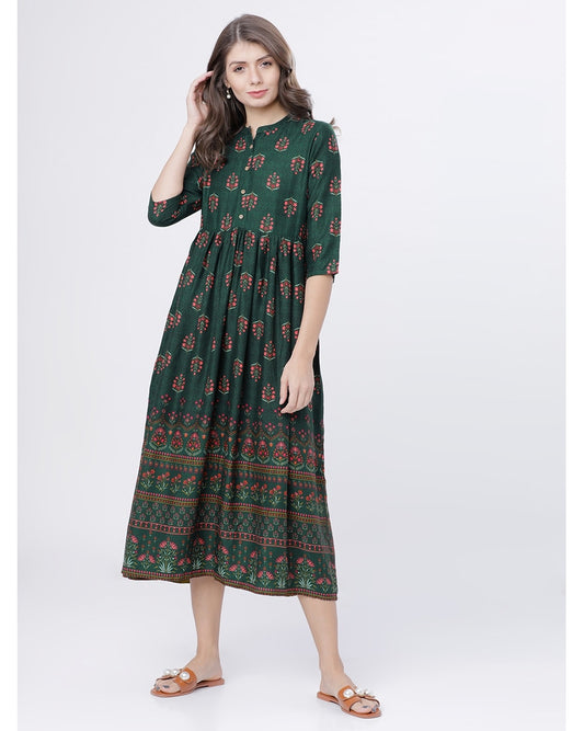 Women Green Printed Flared A-Line Dress