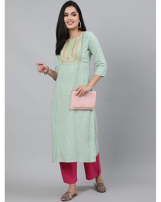 Pastel Green Rayon Embroidered Straight Kurta