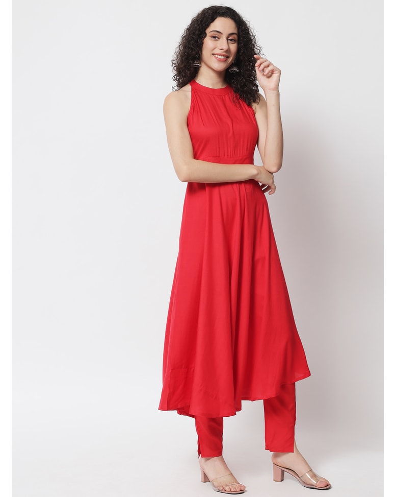 Red Viscose Solid Ethnic Pants SuitSet