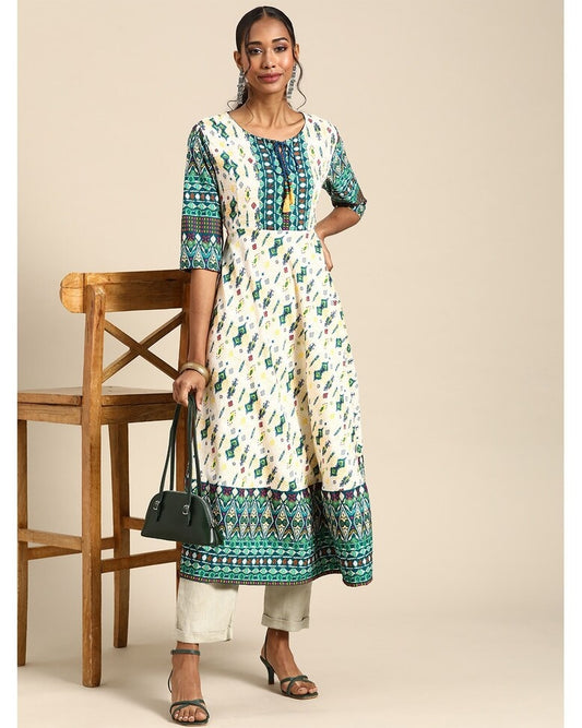 Green Polyester Printed Flared Kurta