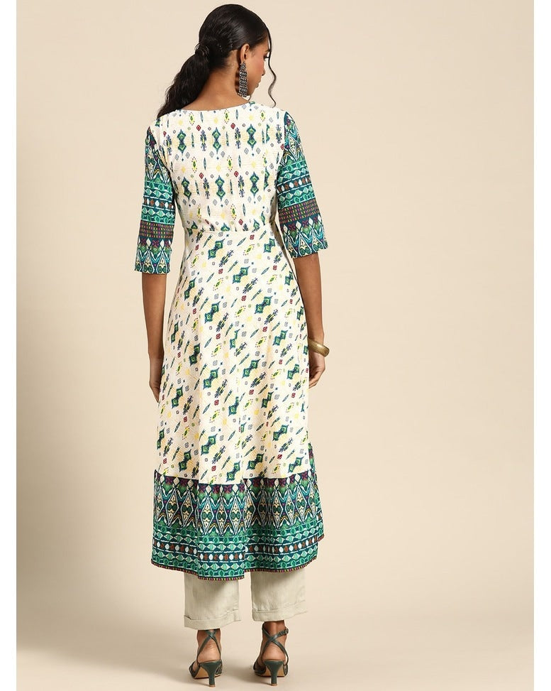 Green Polyester Printed Flared Kurta