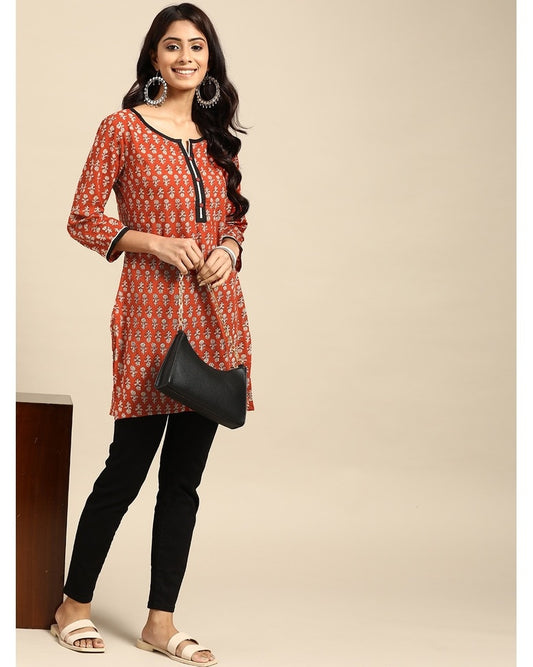 Rust Cotton Printed Kurti