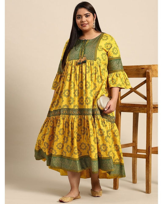 Yellow Rayon Printed Gown Dress