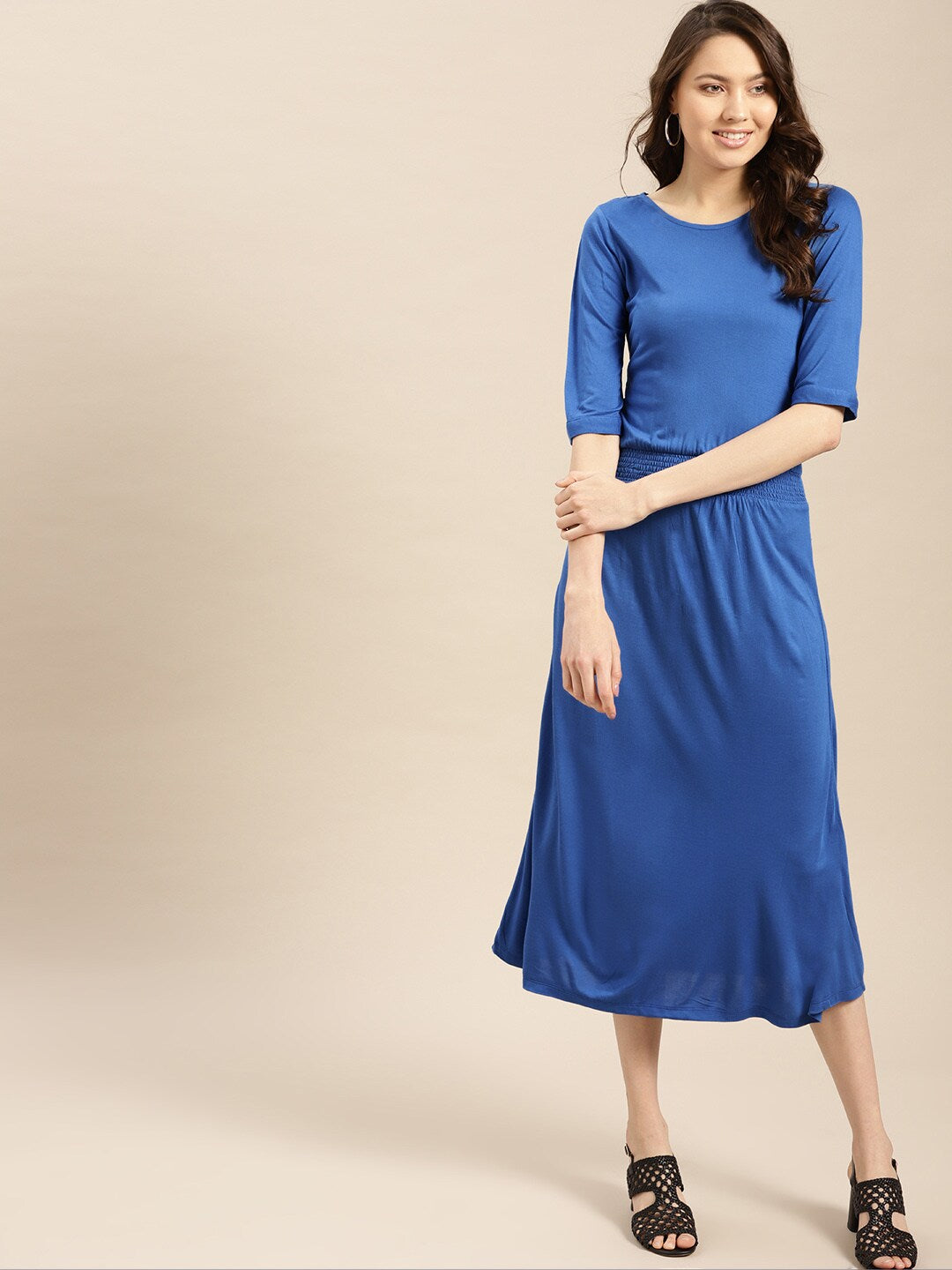 Blue Solid Midi Dress