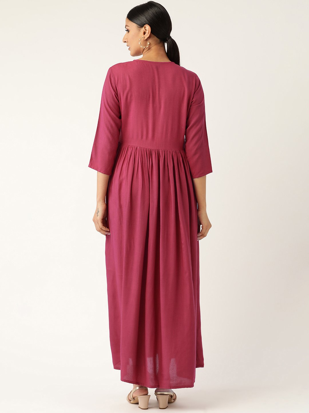 Women Pink Solid Solid Keyhole Neck Viscose Rayon Fit and Flare Dress