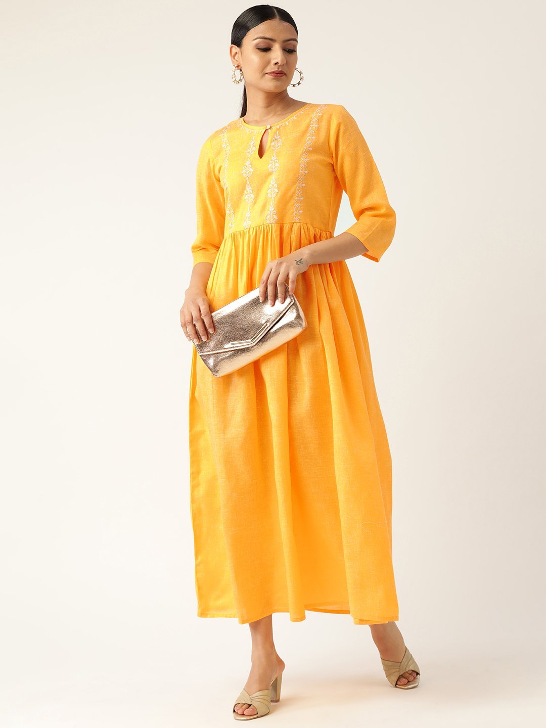 Women Yellow Solid Solid Keyhole Neck Cotton Fit and Flare Dress