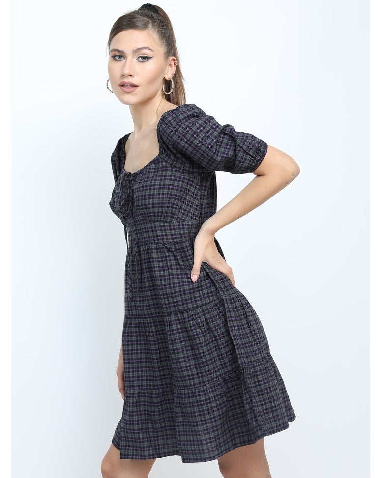 Black Cotton Checks Fit and Flare Dress