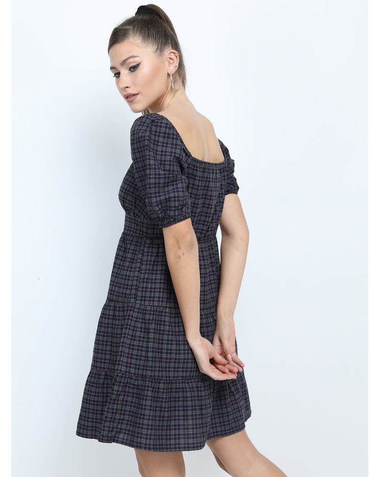 Black Cotton Checks Fit and Flare Dress