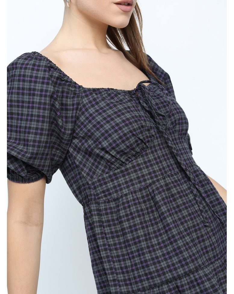 Black Cotton Checks Fit and Flare Dress